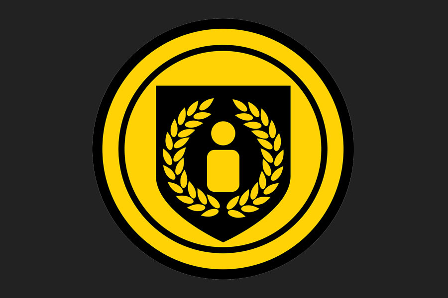 Yellow circular icon featuring a shield with a person symbol surrounded by a laurel wreath.