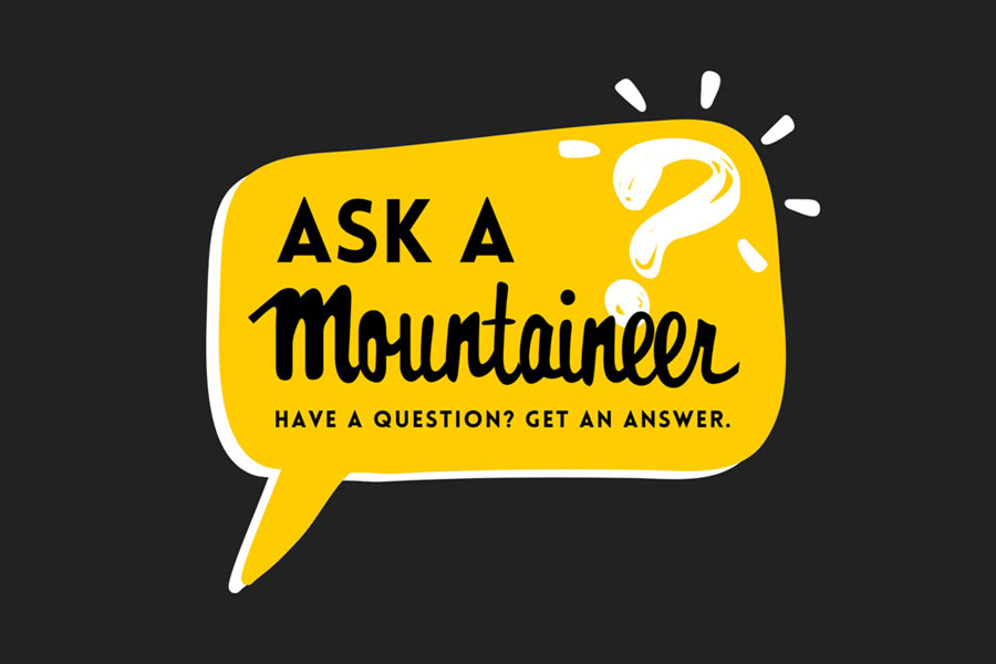 Ask a Mountaineer graphic with a yellow speech bubble and stylized question‑mark illustration.