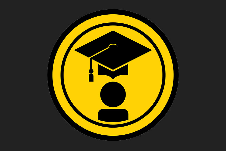 Yellow circular icon with a simple person silhouette wearing a graduation cap.