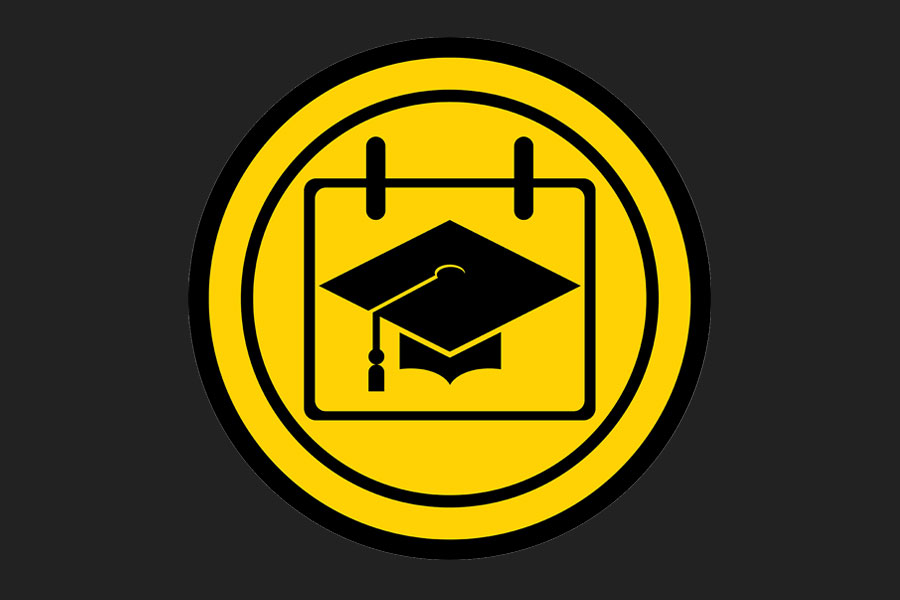 Yellow circular icon featuring a calendar outline with a graduation cap inside.