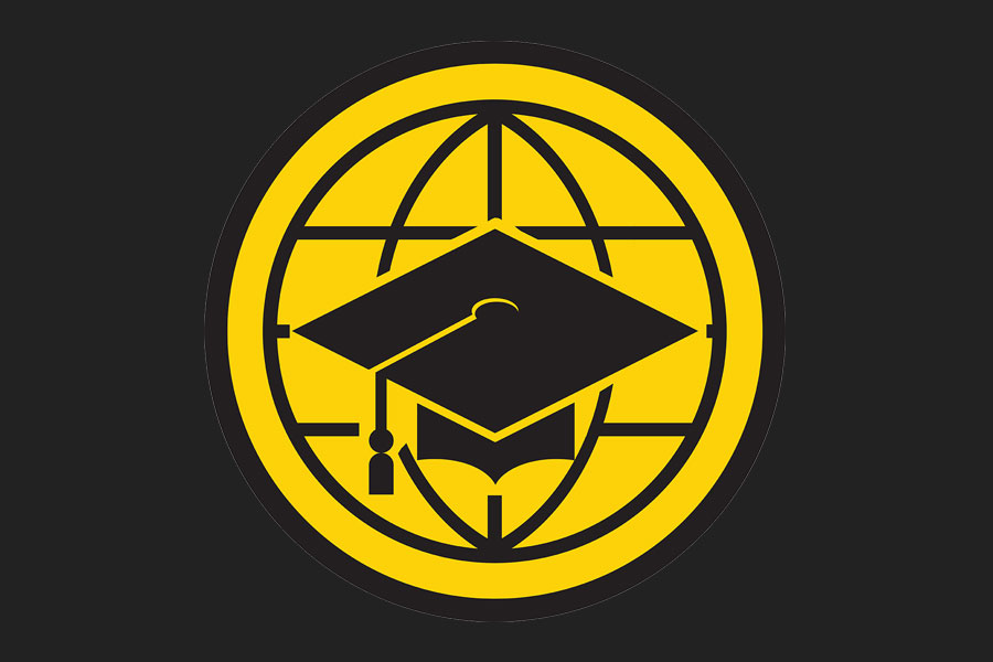 Yellow circular Icon showing a graduation cap over a globe symbol, representing international education.