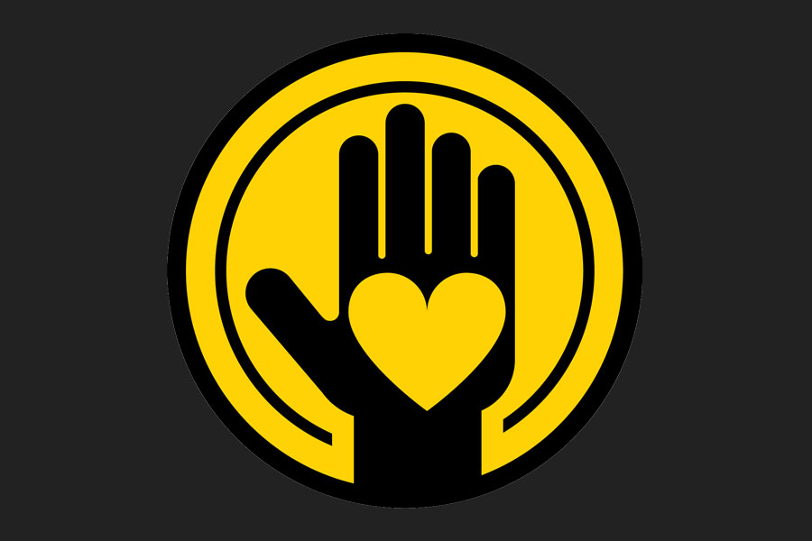 Yellow circular icon showing an upright hand with a heart symbol in the palm, representing service.