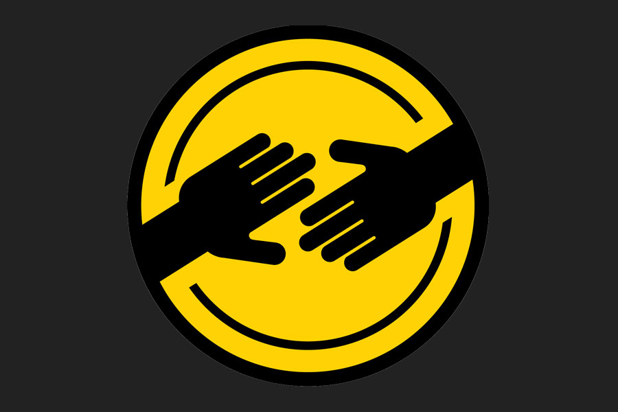 Yellow circular icon on a black background with two hands reaching toward one another.