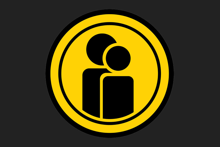 Yellow circular icon with two simplified human silhouettes overlapping to represent support or mentoring.