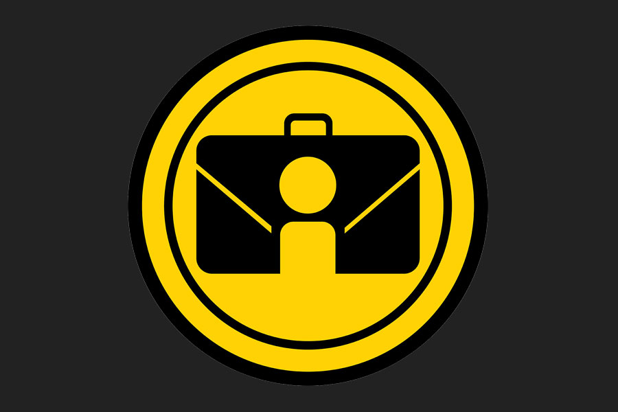 Yellow circular icon on a black background with a figure centered inside a black briefcase symbol.