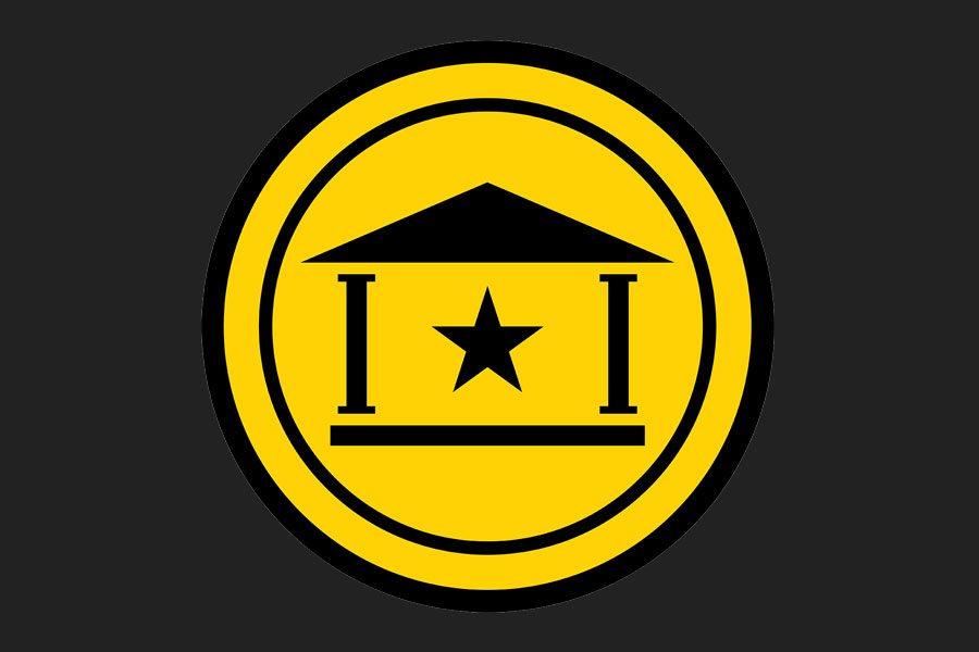 Yellow circular icon showing a building with columns and a star, symbolizing academic excellence.