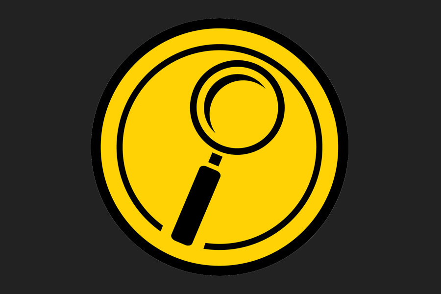 Yellow circular icon with a black magnifying glass symbol representing search or discovery.