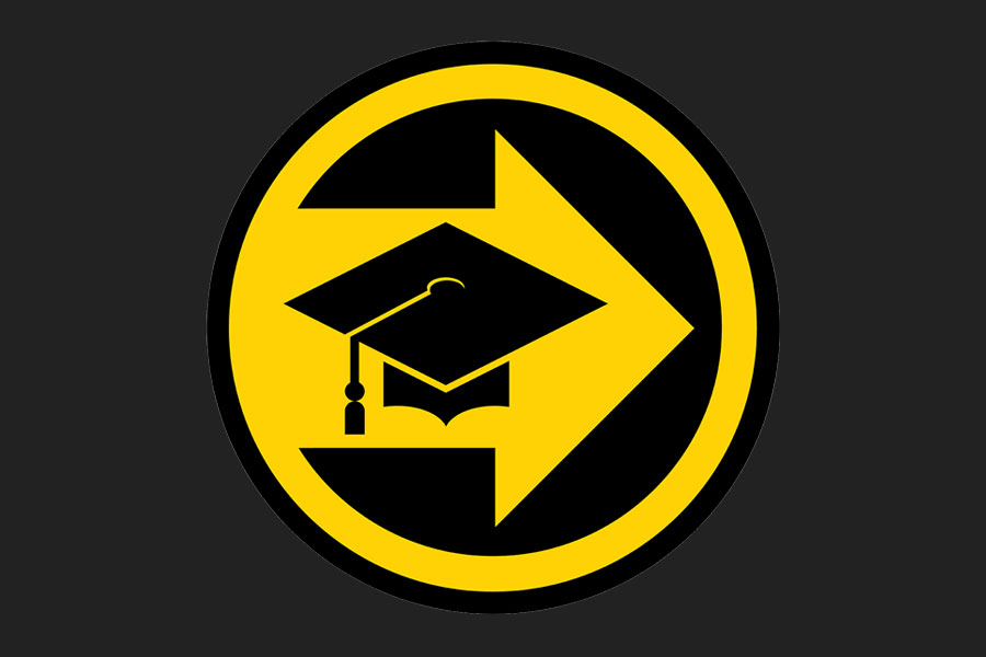 Yellow circular icon with a right‑facing arrow and a graduation cap symbol layered in front.