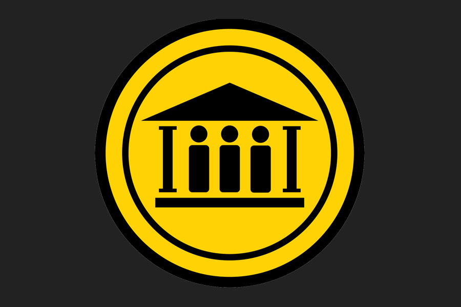 Yellow circular icon showing three stylized figures beneath a building roof with column supports.