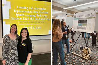 (left) Stacy Thornton and Dr. Hazelwood at Thornton’s thesis defense, and (right) features Stacy Thornton at SRHC presenting her research during a poster session