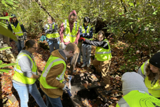 VIP High Country Volunteers (two far left and two on bottom right) with Honors students (left to right) Gavin Weidner, Kelsie Peck, Grace Carter, Grace Guevarra, and Ella Watt&nbsp;building bridges on the Price Lake Loop Trail during AHA’s service trip. 