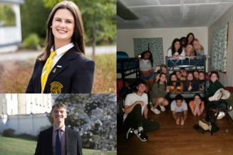 Collage of photos showing Appalachian Ambassadors, one headshot, one portrait, and one group photograph on retreat. 