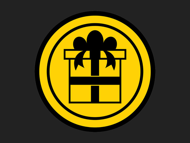 Yellow circular icon displaying a stylized gift centered on a dark background.