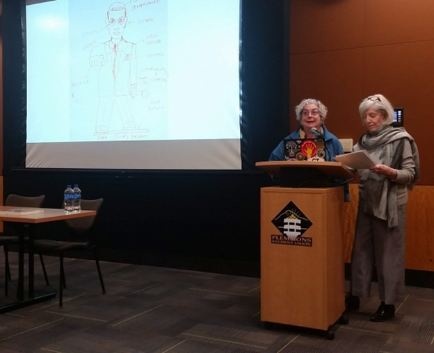 The photo shows Ferris Olin (left) and Judith Brodsky (right) in their joint public lecture, "Junctures in Women’s Leadership: The Arts." Photo by Jody Servon.